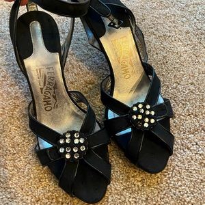 Vintage Salvatore Ferragamo Black Fabric With Rhinestone Details Strap- Heels